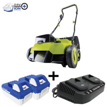Restored Sun Joe 24V-X2-DTS15 Scarifier and Dethatcher Kit | 5-Depth Positions | 15-inch | Brushless Motor | (2) 24-V 4.0-Ah Batteries & Dual Port Charger (Refurbished)
